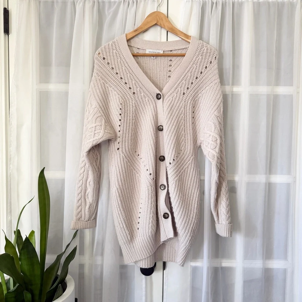 Something Navy Long Cable Knit Sweater Cardigan Size XS